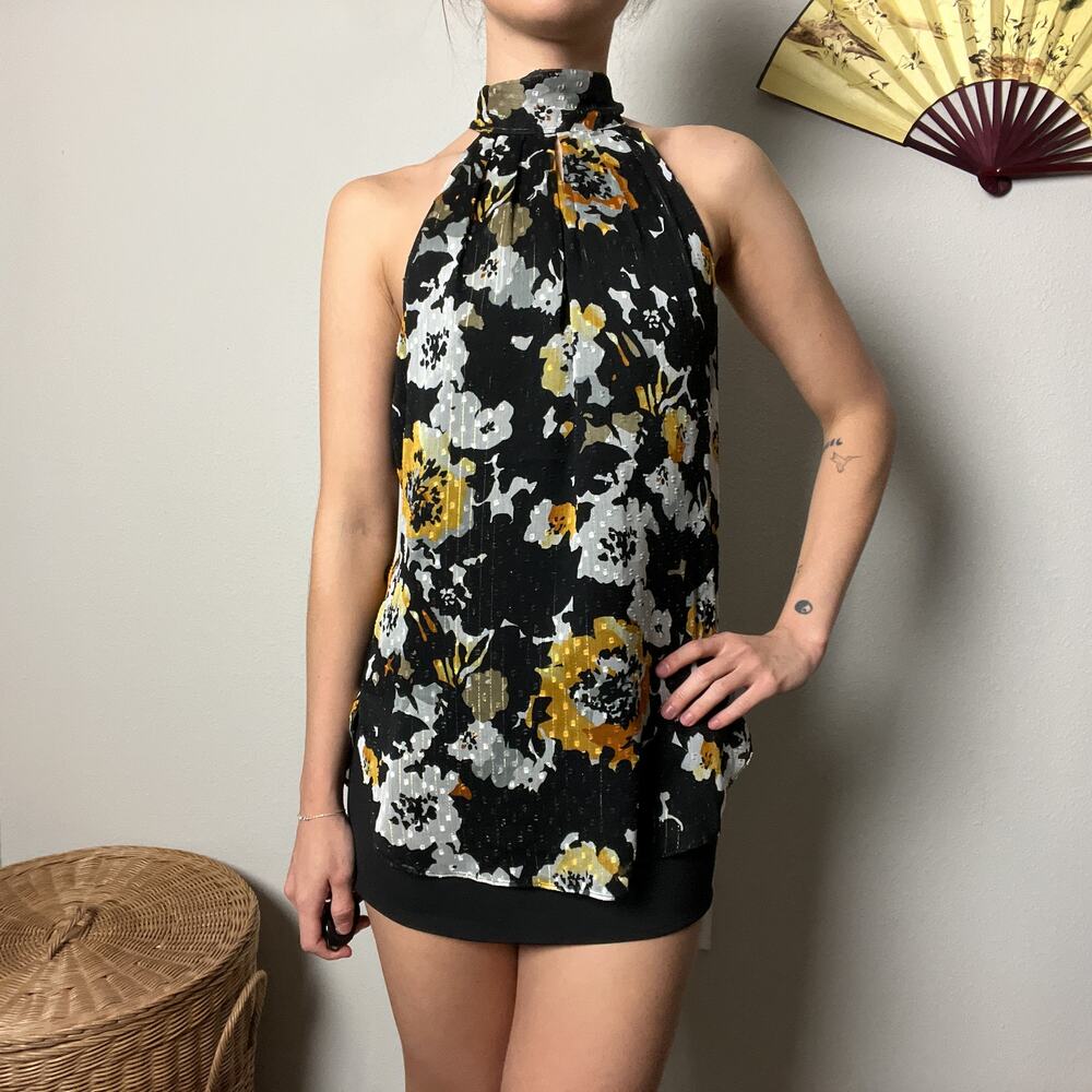black yellow floral high neck halter tie top blouse by white house black market